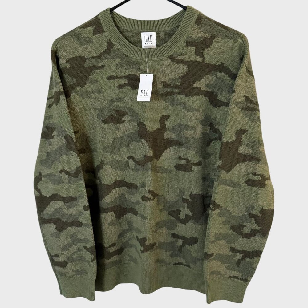 GAP Kids Long-Sleeve Camo Crewneck Pullover Sweater Green Boy's XXL 100% Cotton